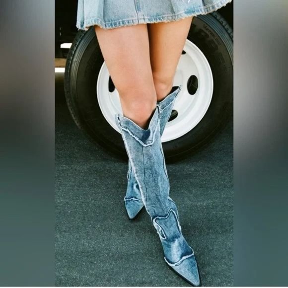 ZARA DENIM COWBOY BOOTS - Picture 9 of 11